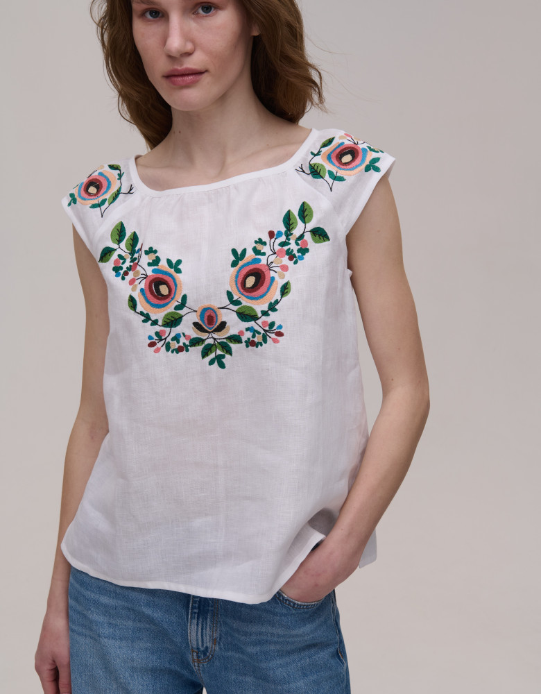 Bluza z krótkim rękawem biała lniana Borshchivska