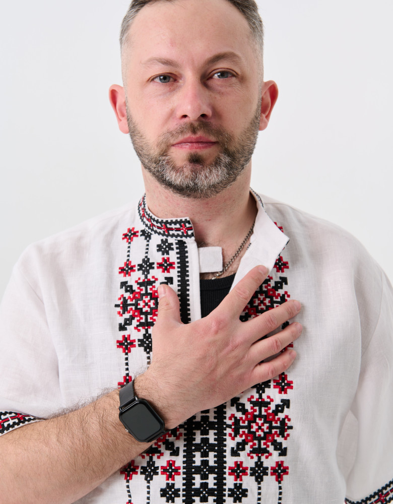 Męska koszula haftowana (wyszywanka) z krótkim rękawem Koza Dereza x Superhumans, biała