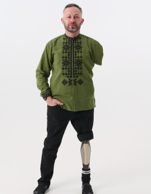 Męska koszula haftowana (wyszywanka) Koza Dereza x Superhumans, khaki