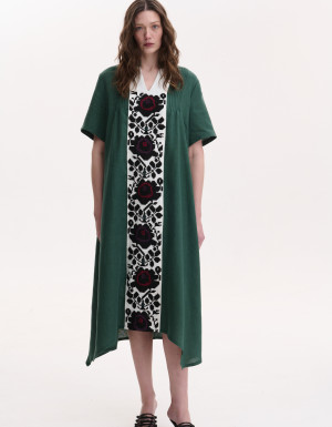 Embroidered emerald linen dress with hand embroidery Rose branch