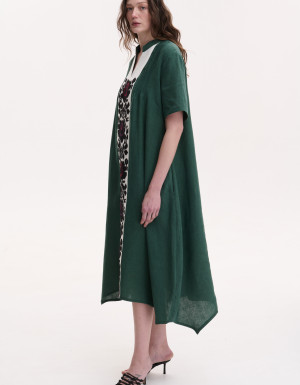 Embroidered emerald linen dress with hand embroidery Rose branch