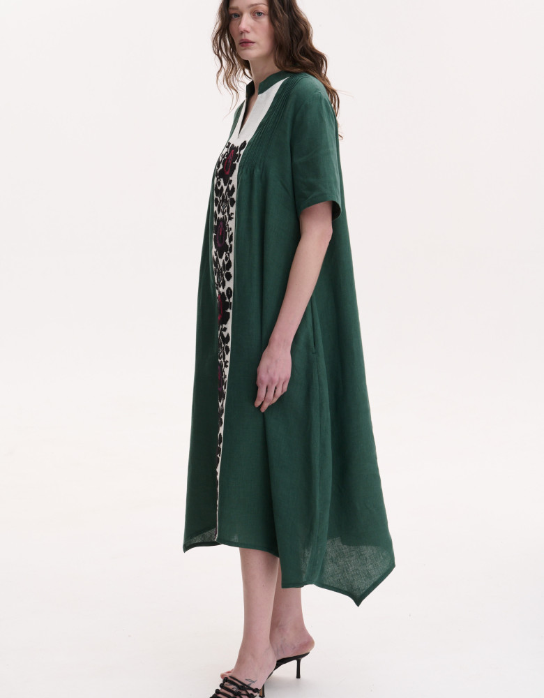 Embroidered emerald linen dress with hand embroidery Rose branch