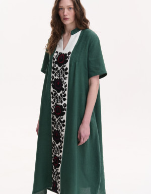 Embroidered emerald linen dress with hand embroidery Rose branch