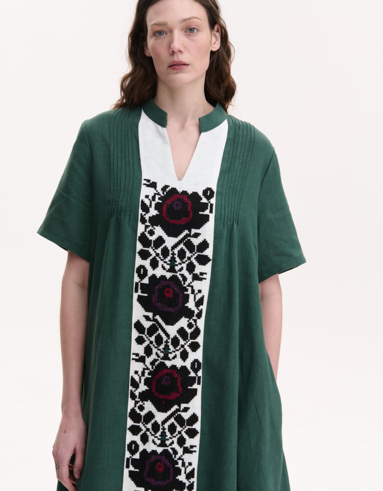 Embroidered emerald linen dress with hand embroidery Rose branch