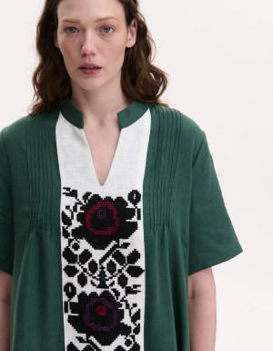 Embroidered emerald linen dress with hand embroidery Rose branch